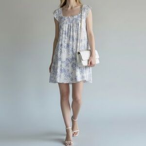 Monteau Floral Blue White Toille Tier cap sleeve Dress linen coquette Soft Girl